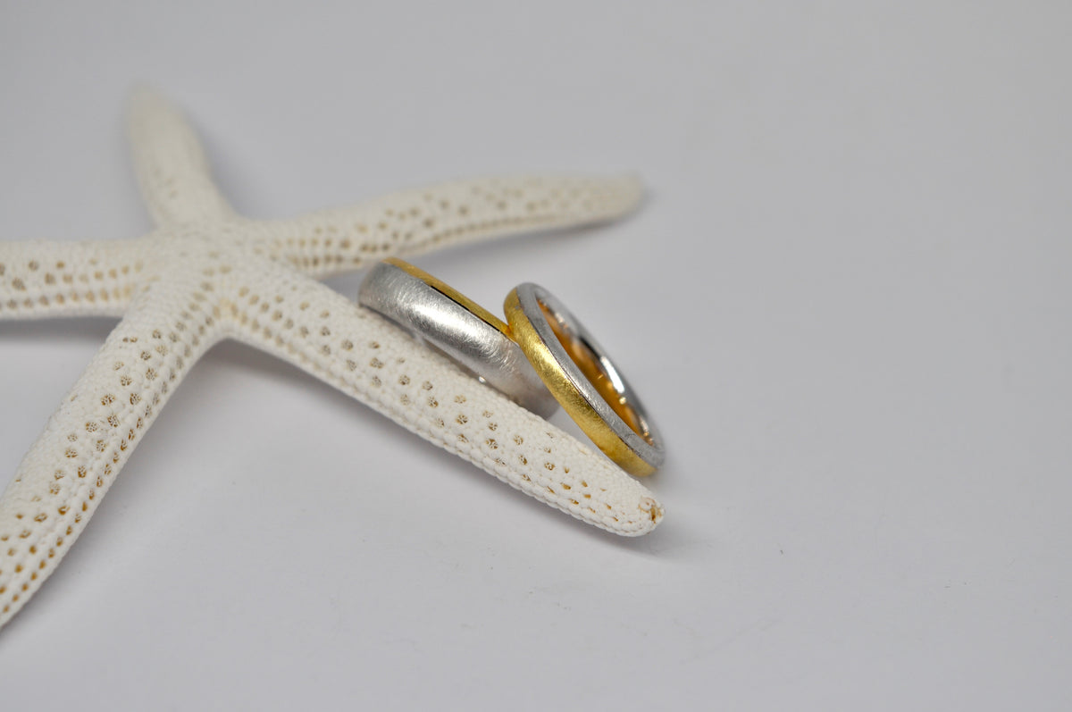 Two-Tone Wedding Band Set - Brushed White & Yellow Gold