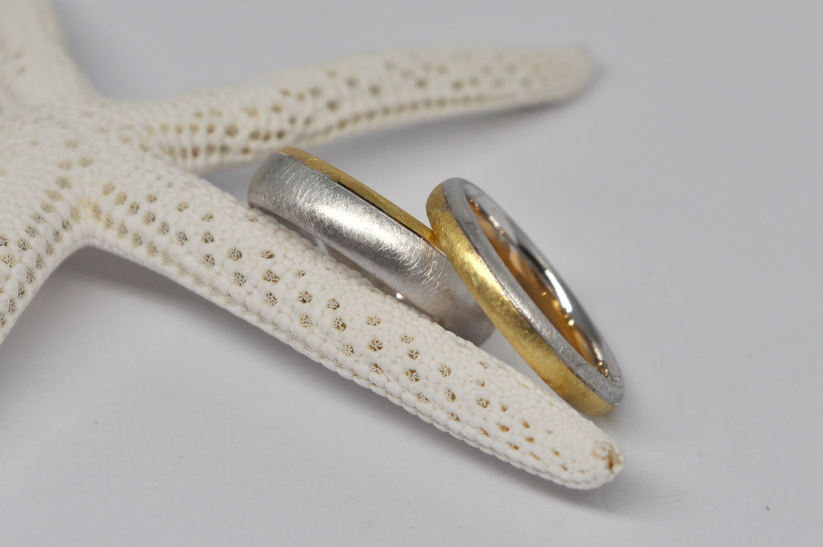 Two-Tone Wedding Band Set - Brushed White & Yellow Gold