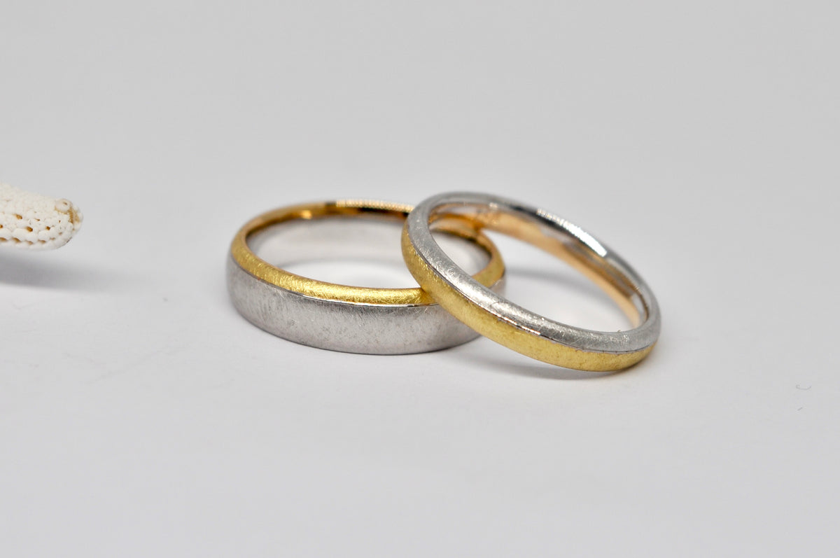Two-Tone Wedding Band Set - Brushed White & Yellow Gold