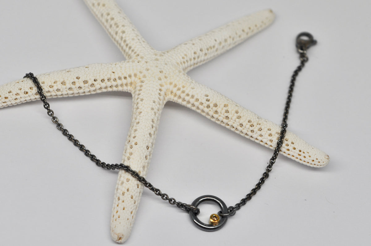 small oxidized silver circle bracelet, brown diamond, gold