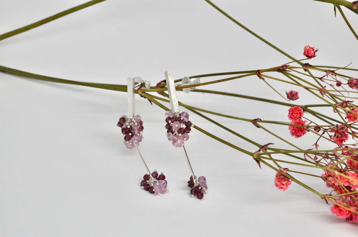 Delicate Drop Earrings — Pink Sapphire & Rhodolite