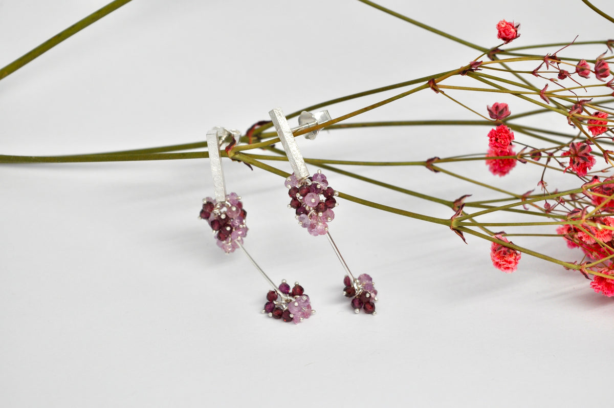 Delicate Drop Earrings — Pink Sapphire & Rhodolite