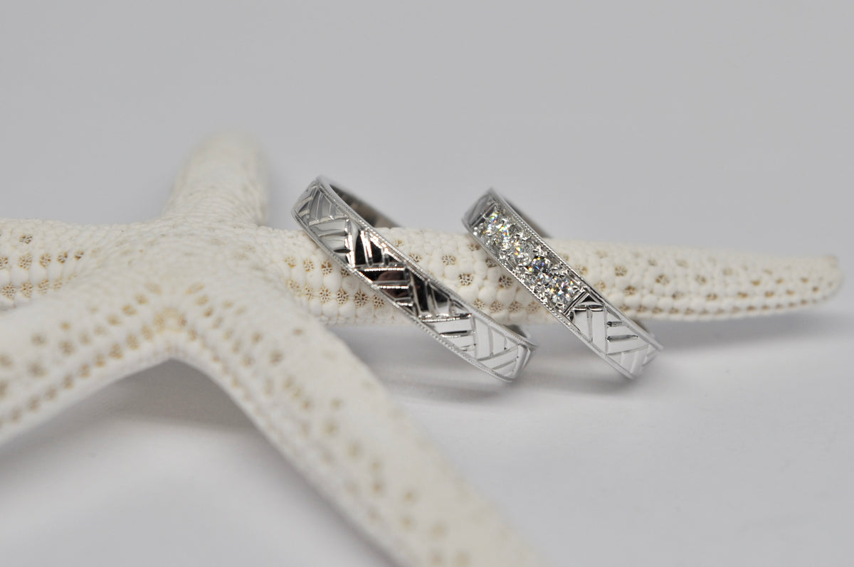 Geometric White Gold Wedding Band Set with Diamond Accents