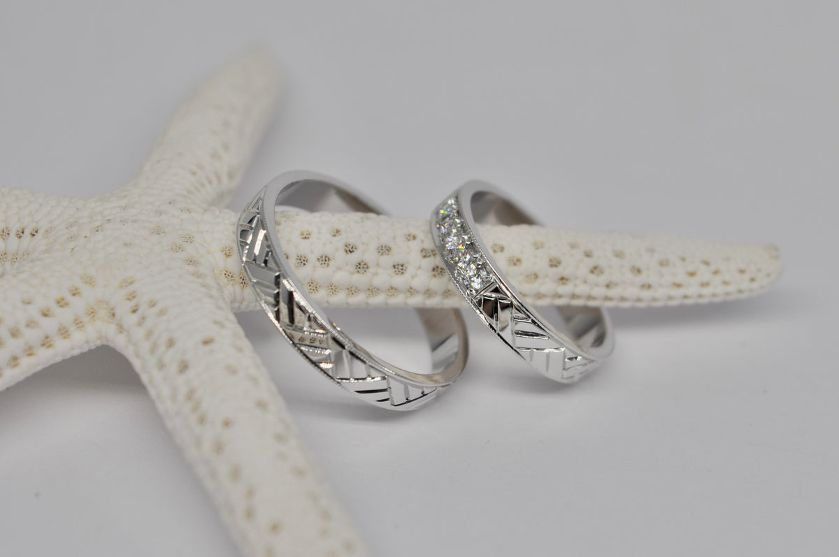 Geometric White Gold Wedding Band Set with Diamond Accents