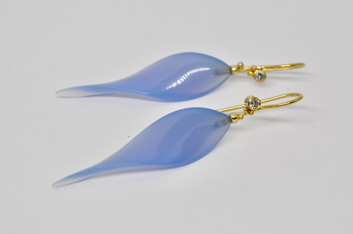 Blue Agate & Diamond Drop Earrings in 18K Yellow Gold