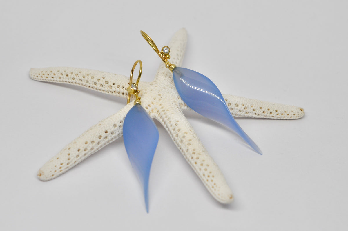 Blue Agate & Diamond Drop Earrings in 18K Yellow Gold