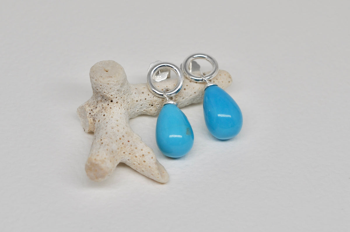 Silver Circle Stud Earrings with Turquoise Drops