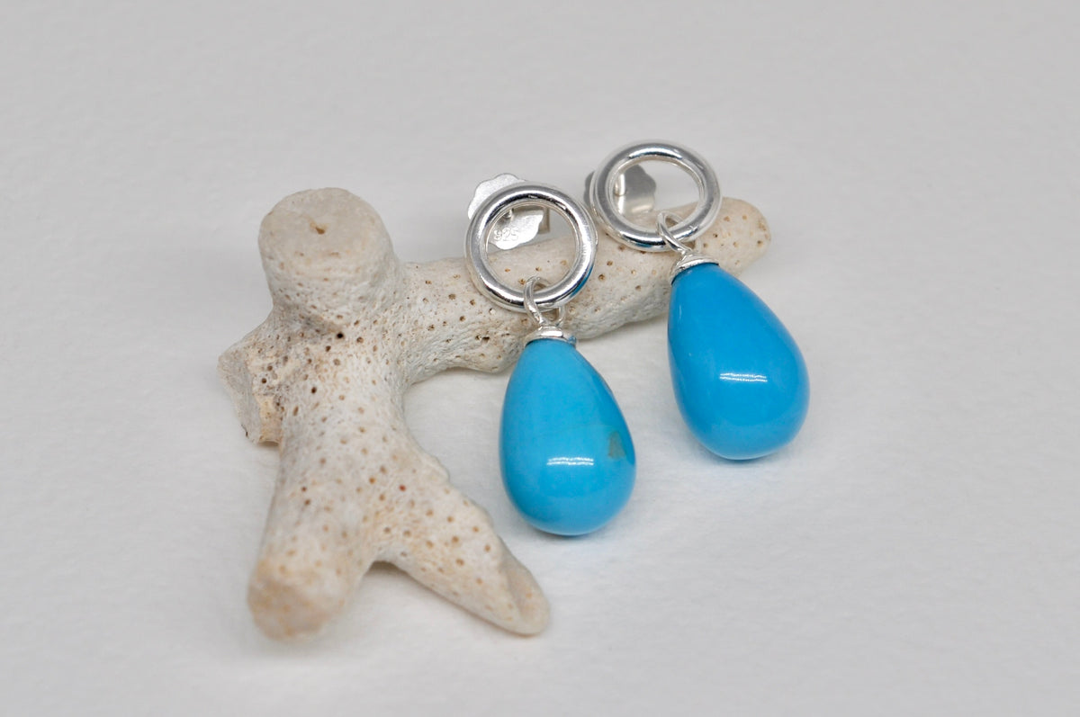 Silver Circle Stud Earrings with Turquoise Drops