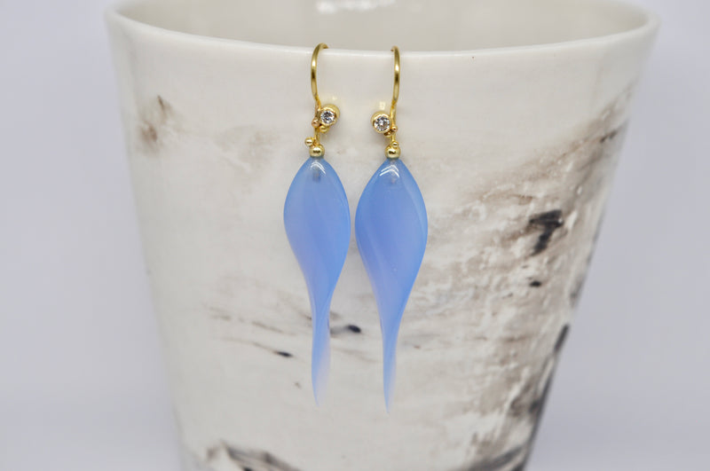 Blue Agate & Diamond Drop Earrings in 18K Yellow Gold