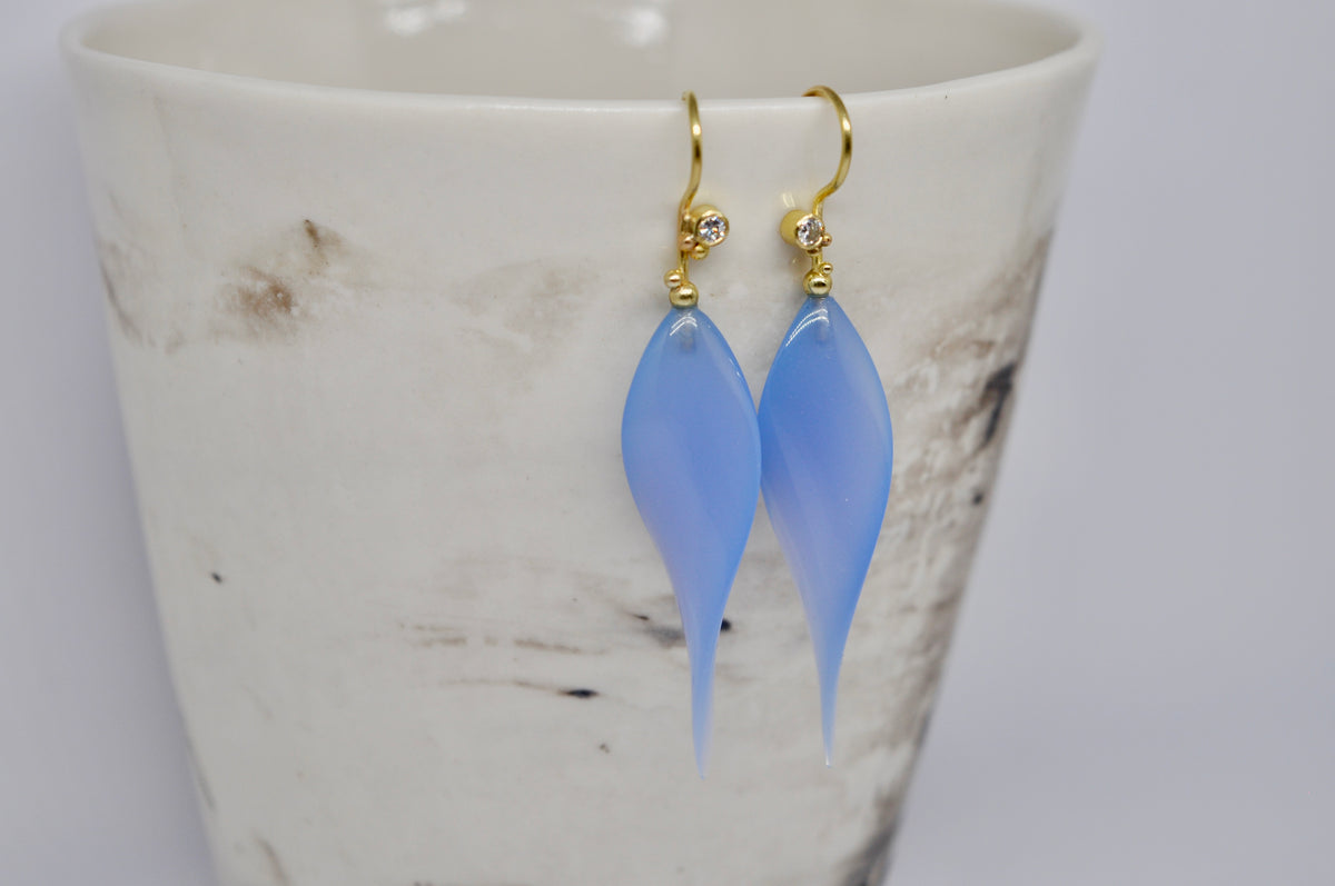 Blue Agate & Diamond Drop Earrings in 18K Yellow Gold