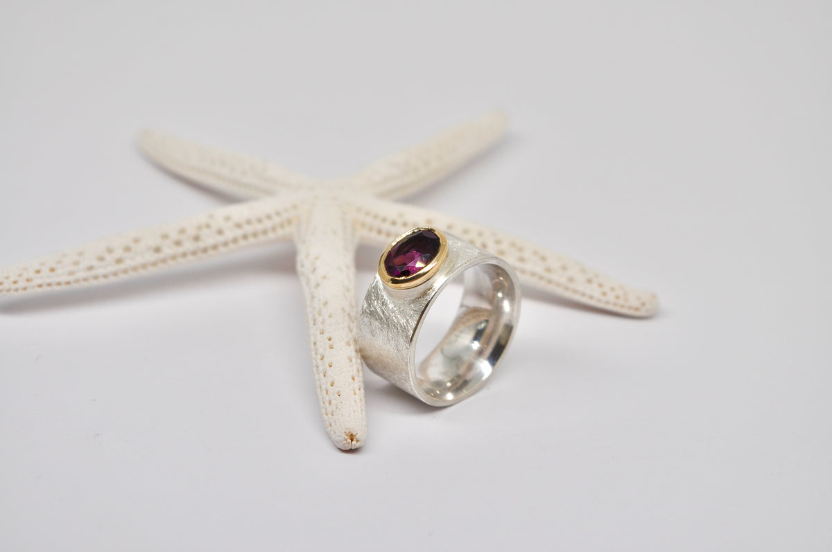 Rhodolite Garnet Statement Ring – Sterling Silver & 18k Yellow Gold