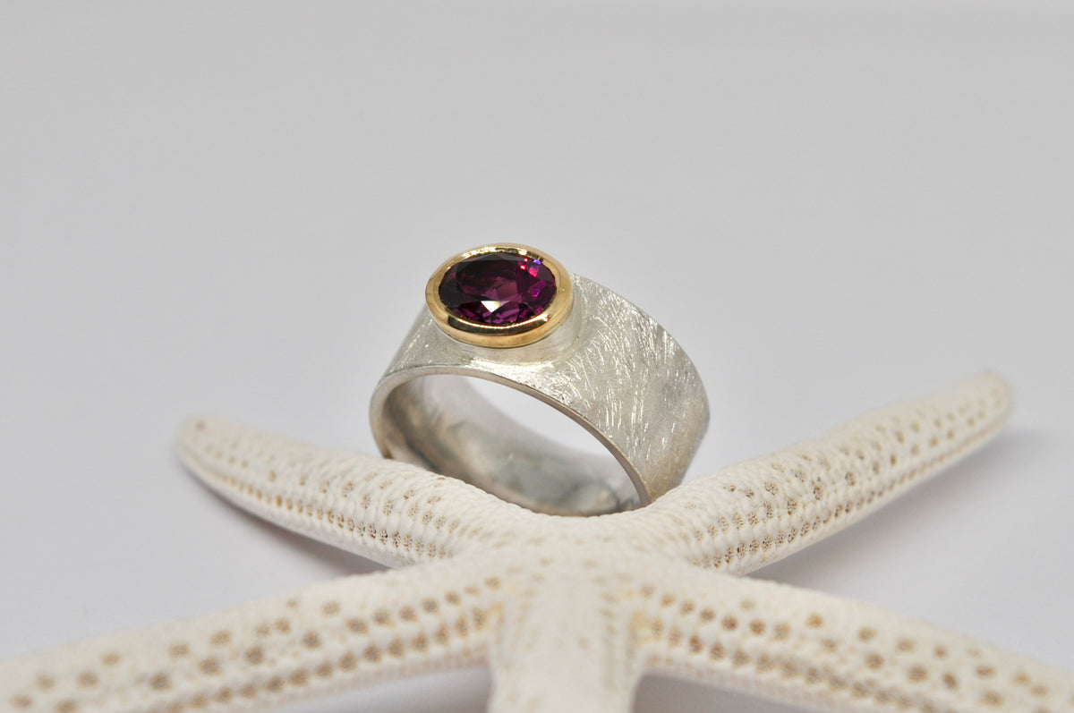 Rhodolite Garnet Statement Ring – Sterling Silver & 18k Yellow Gold