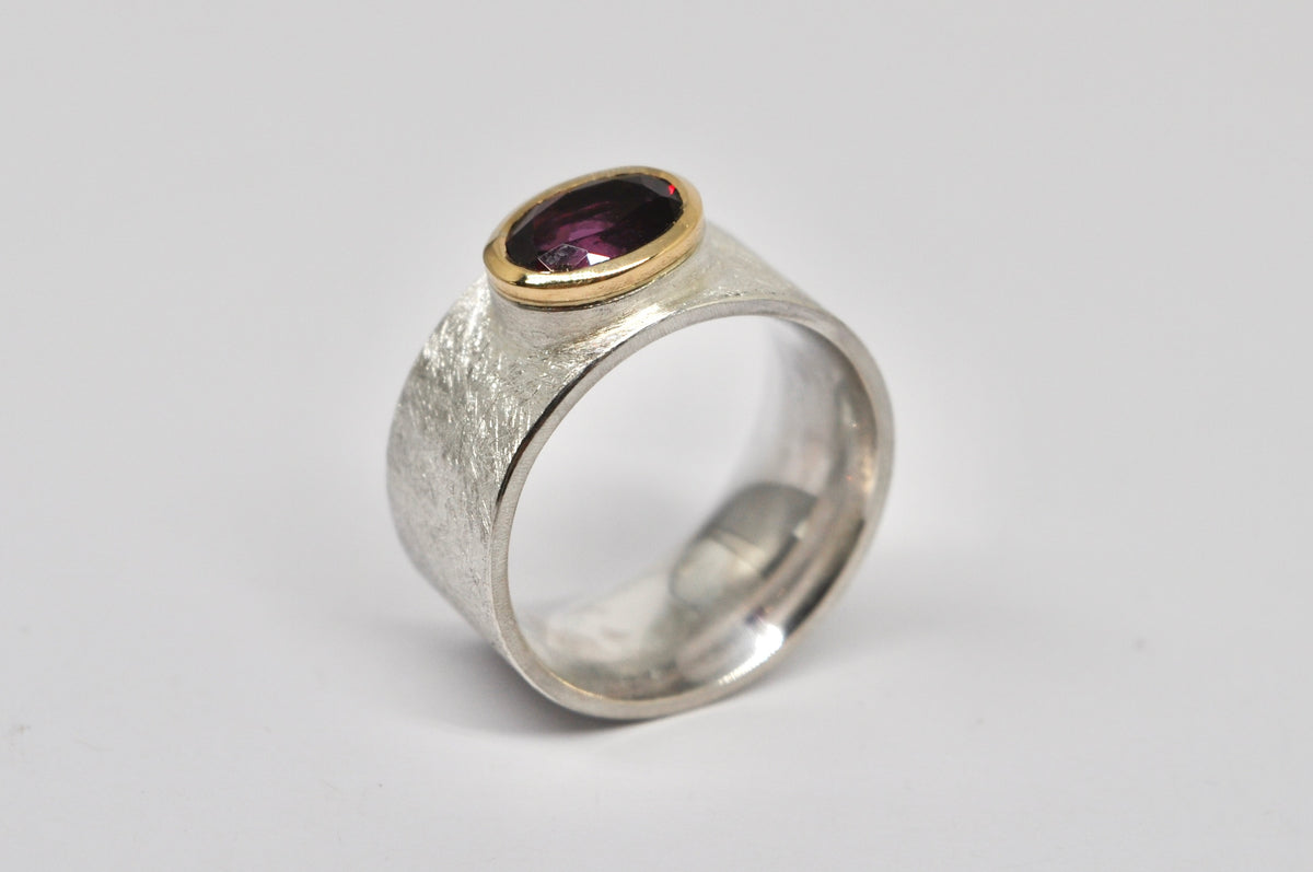 Rhodolite Garnet Statement Ring – Sterling Silver & 18k Yellow Gold