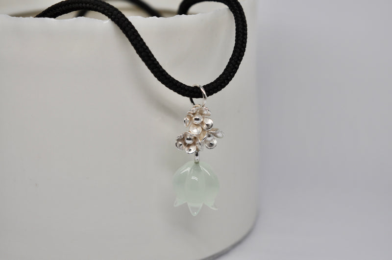 Green Agate Bellflower & Silver Flower Pendant