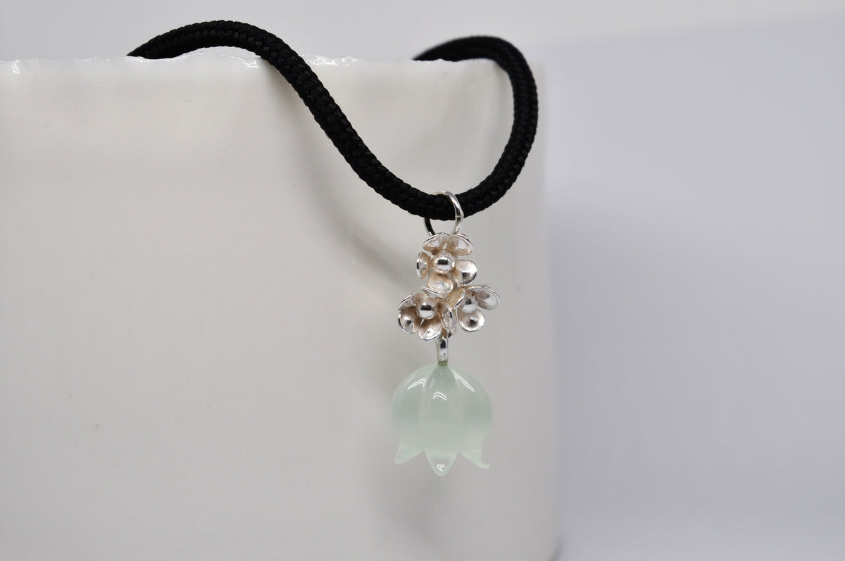 Green Agate Bellflower & Silver Flower Pendant