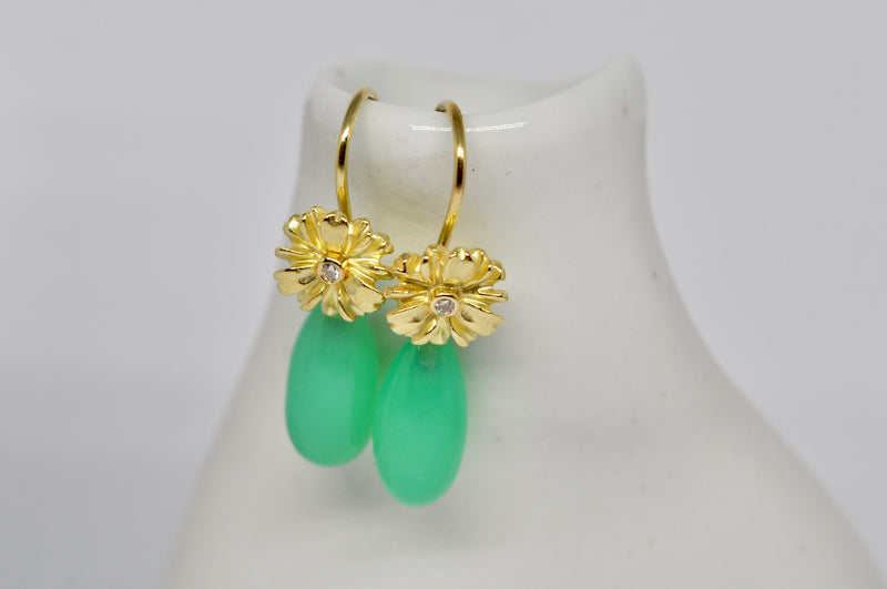 18K Gold Daisy Drop Earrings with Interchangeable Chrysoprase