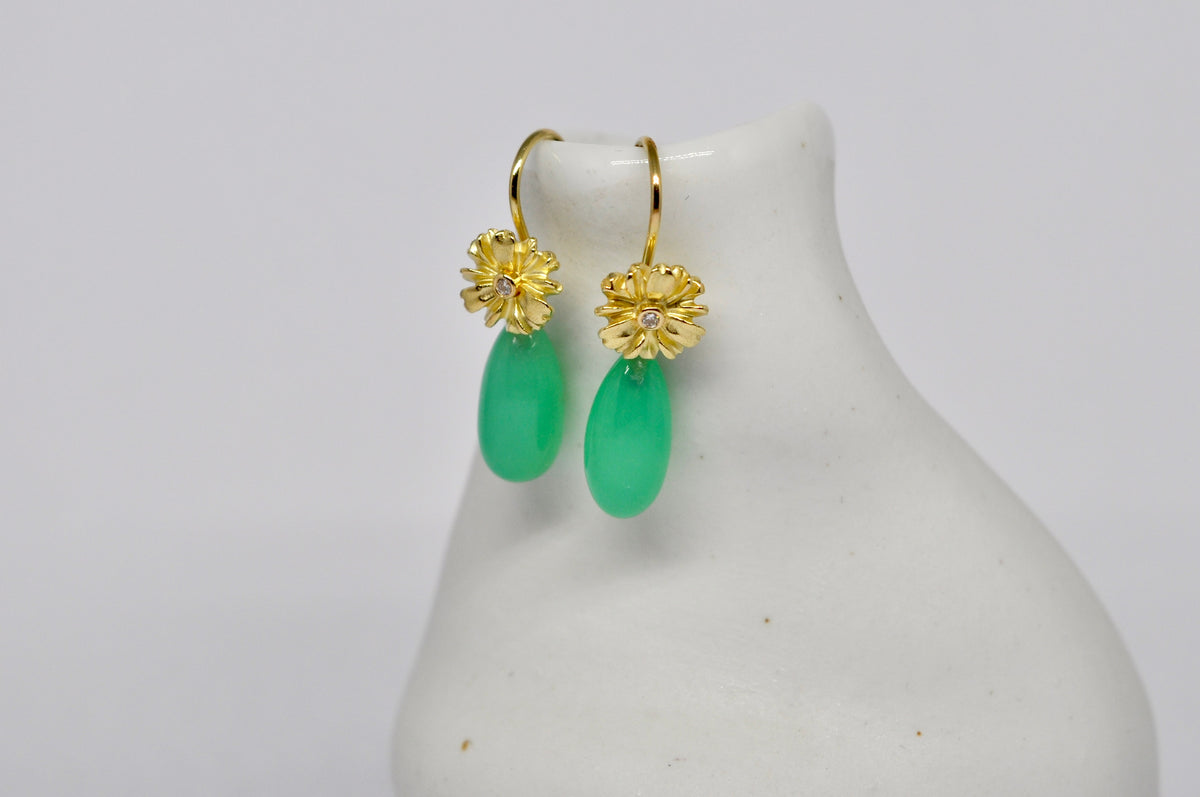 18K Gold Daisy Drop Earrings with Interchangeable Chrysoprase