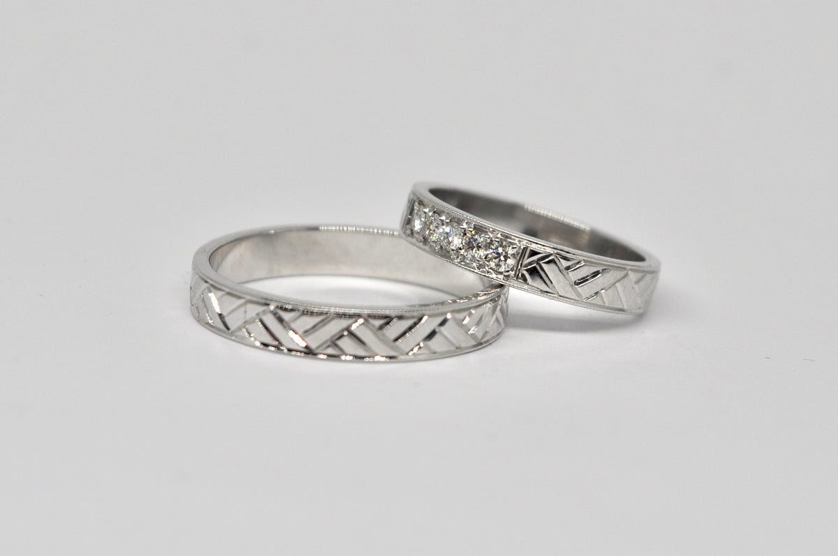Geometric White Gold Wedding Band Set with Diamond Accents