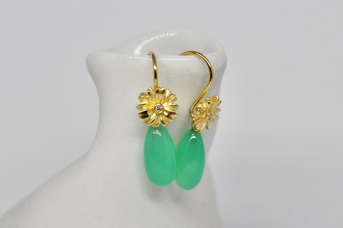 18K Gold Daisy Drop Earrings with Interchangeable Chrysoprase