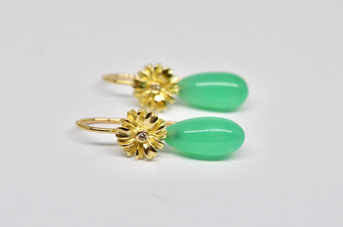 18K Gold Daisy Drop Earrings with Interchangeable Chrysoprase
