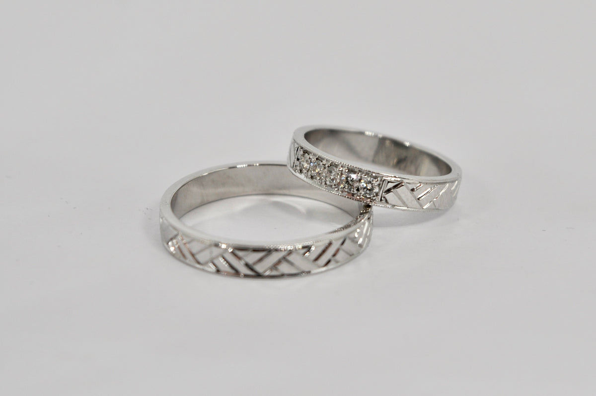 Geometric White Gold Wedding Band Set with Diamond Accents