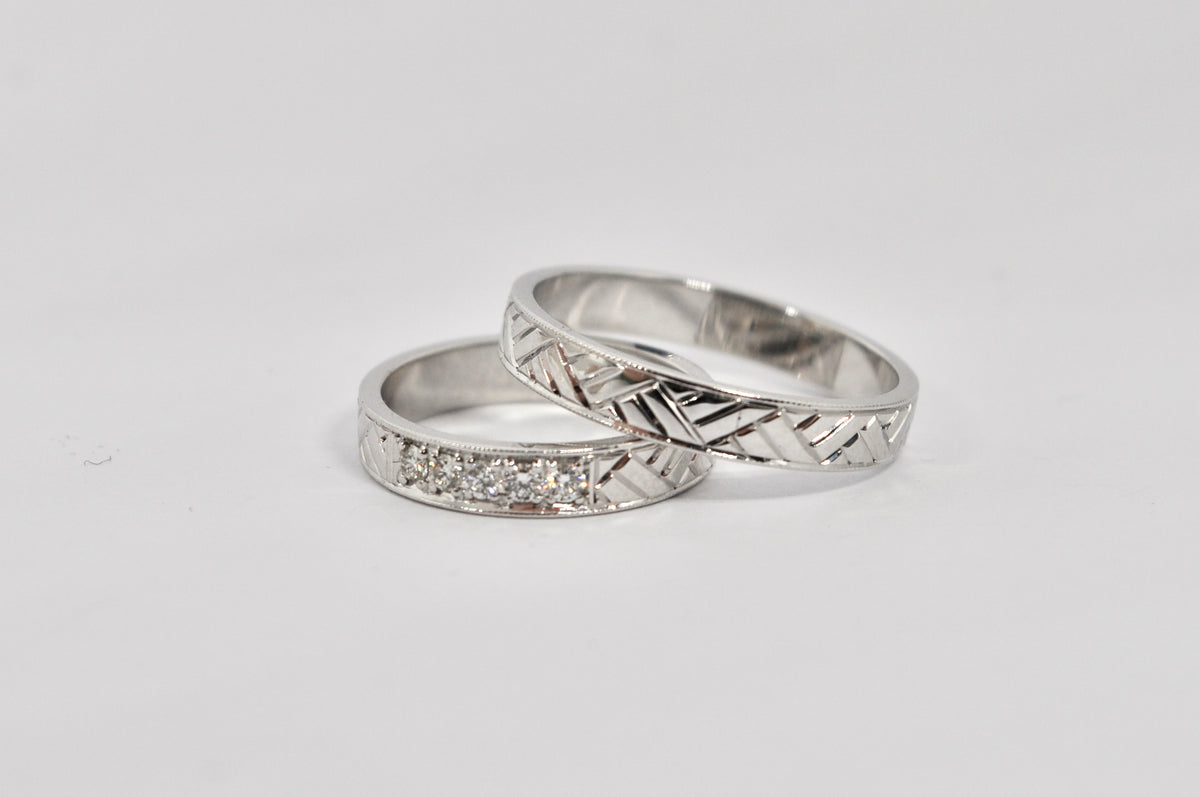 Geometric White Gold Wedding Band Set with Diamond Accents