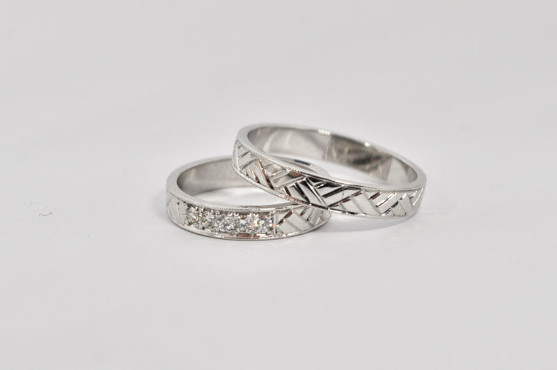 Geometric White Gold Wedding Band Set with Diamond Accents