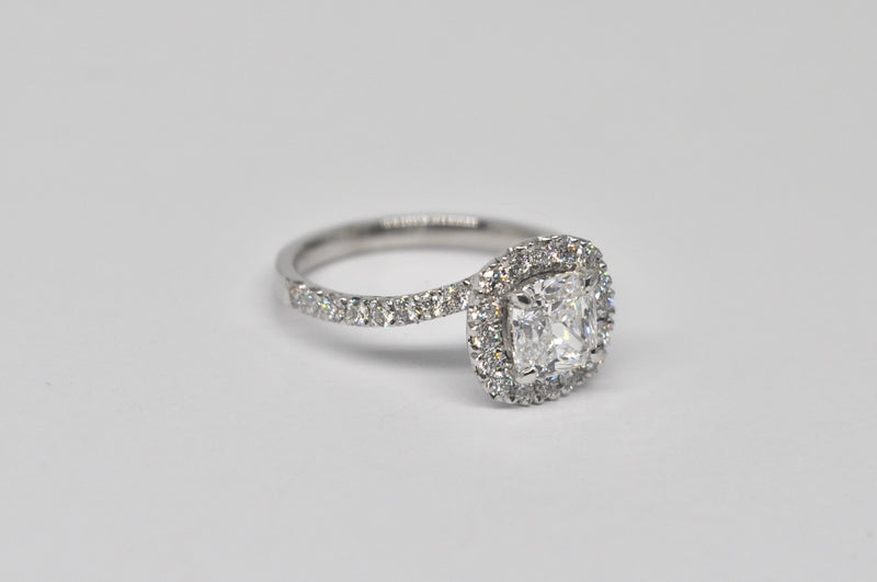 Cushion Cut Diamond Halo Engagement Ring with Pavé Band