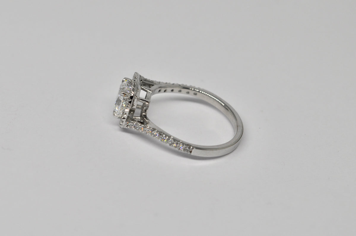 Cushion Cut Diamond Halo Engagement Ring with Pavé Band