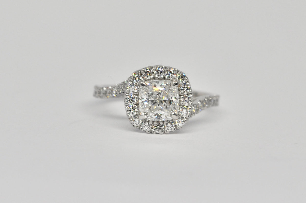 Cushion Cut Diamond Halo Engagement Ring with Pavé Band