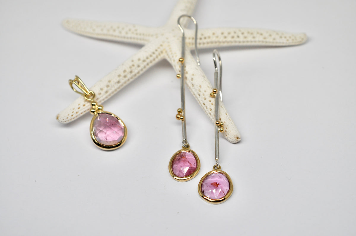Pink Tourmaline Drop Pendant — 18k Gold & Sterling Silver