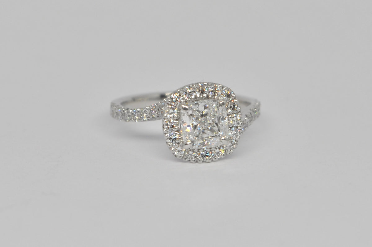 Cushion Cut Diamond Halo Engagement Ring with Pavé Band