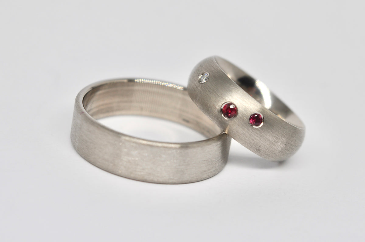 Brushed White Gold Wedding Band Set with Ruby & Diamond Accents
