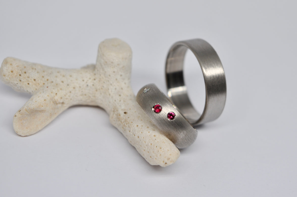 Brushed White Gold Wedding Band Set with Ruby & Diamond Accents