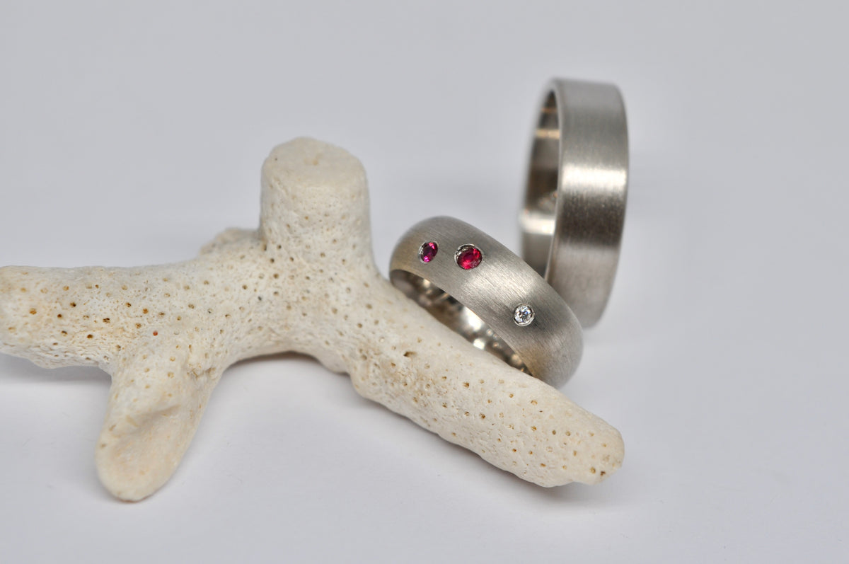 Brushed White Gold Wedding Band Set with Ruby & Diamond Accents