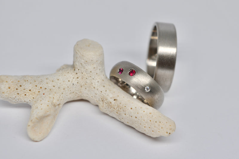 Brushed White Gold Wedding Band Set with Ruby & Diamond Accents