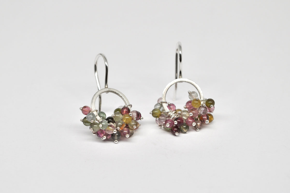 Silver Circle Earrings with Multicolored Tourmaline Cluster