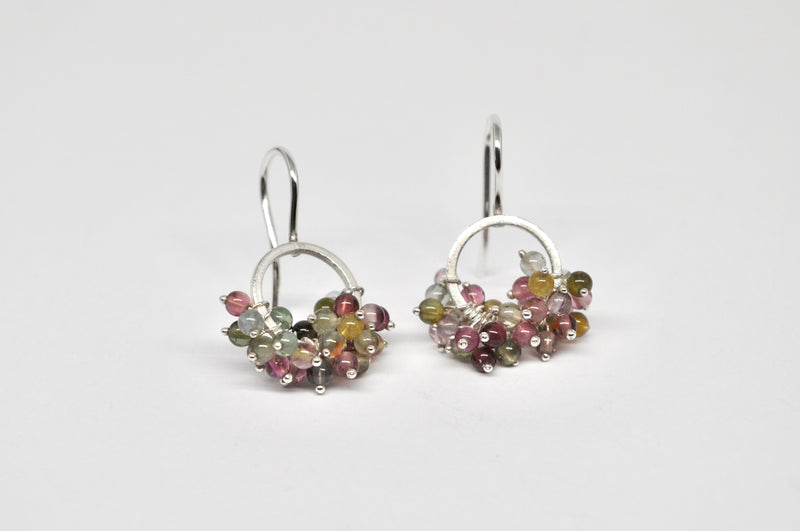 Silver Circle Earrings with Multicolored Tourmaline Cluster