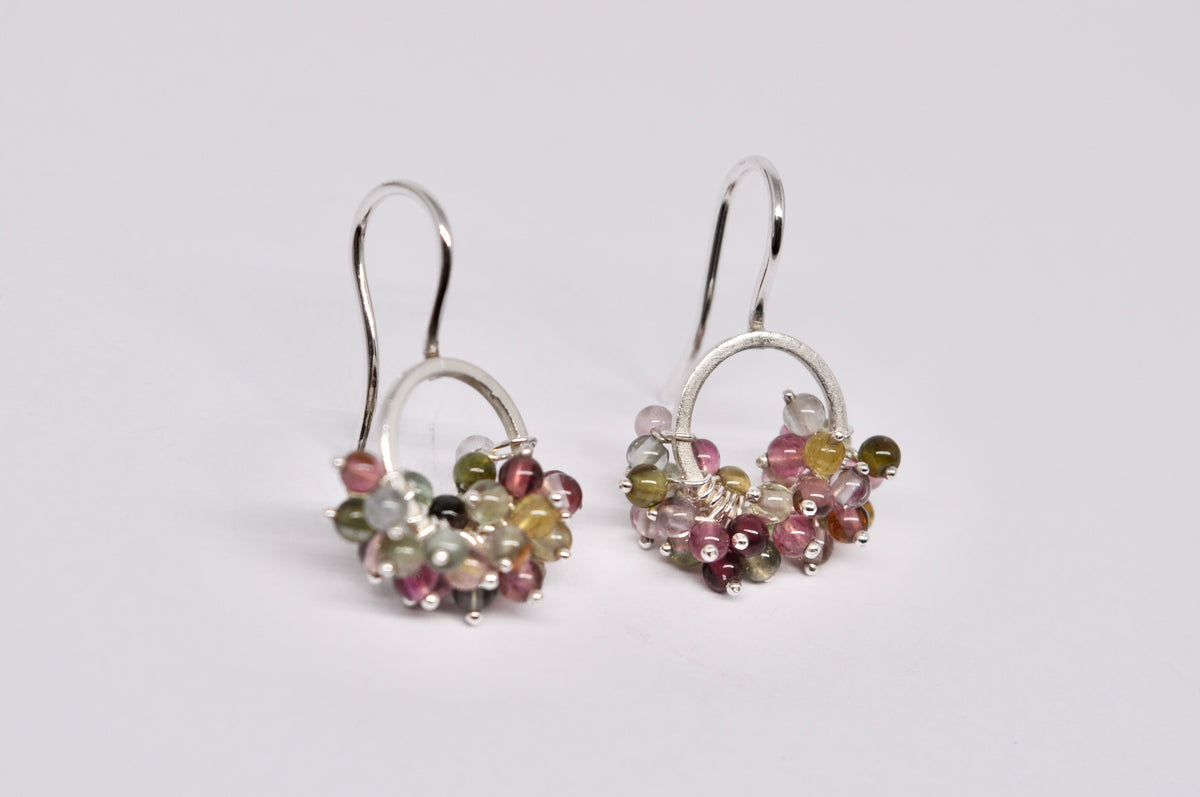 Silver Circle Earrings with Multicolored Tourmaline Cluster
