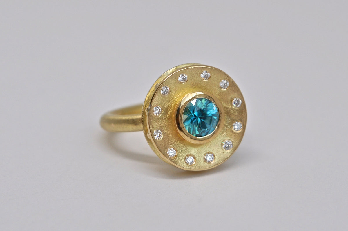 Blue Zircon & Diamond Shield Ring - 18K Yellow Gold