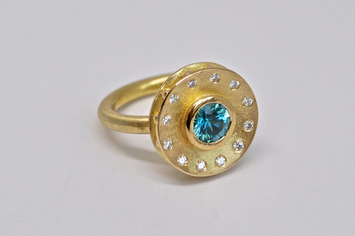 Blue Zircon & Diamond Shield Ring - 18K Yellow Gold