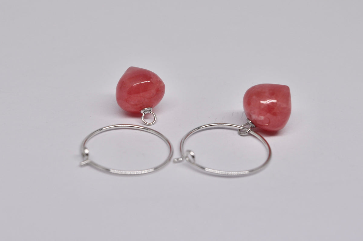 Removable Rhodochrosite Drop Silver Hoop Earrings