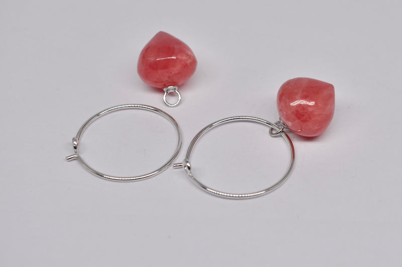 Removable Rhodochrosite Drop Silver Hoop Earrings