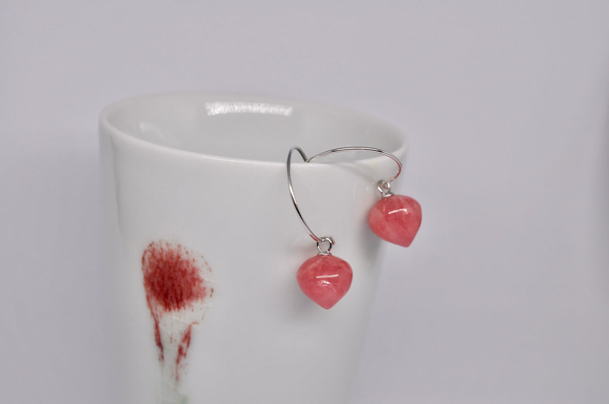 Removable Rhodochrosite Drop Silver Hoop Earrings
