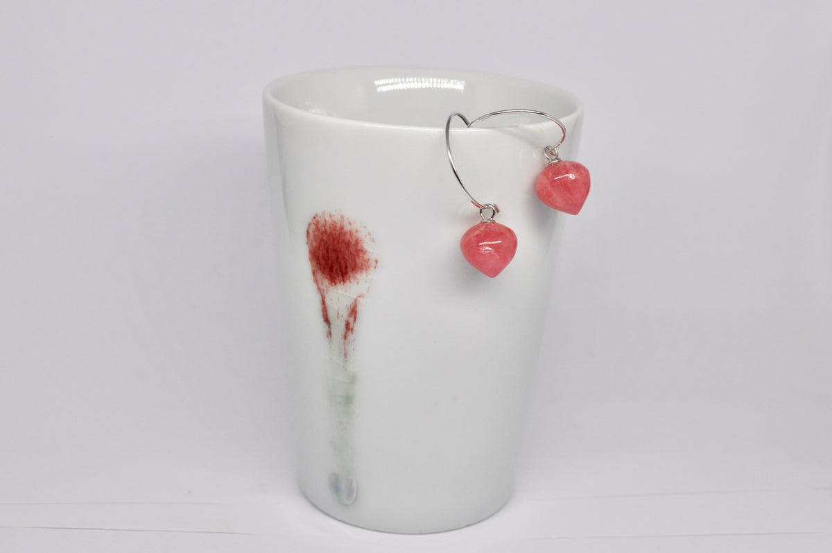 Removable Rhodochrosite Drop Silver Hoop Earrings