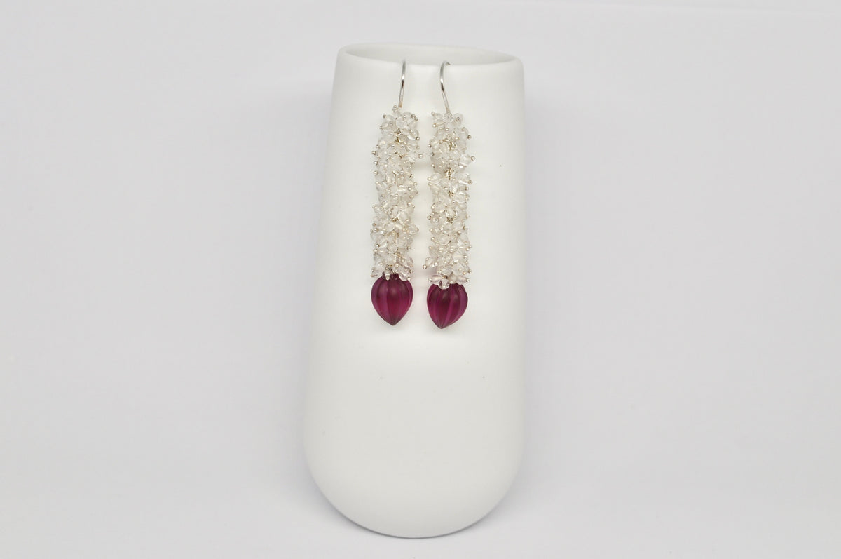 Rock Crystal & Fuchsia Glass Drop Earrings — Sterling Silver