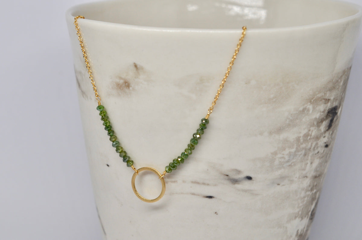 18k Yellow Gold Circle Necklace with Green Diamond Beads