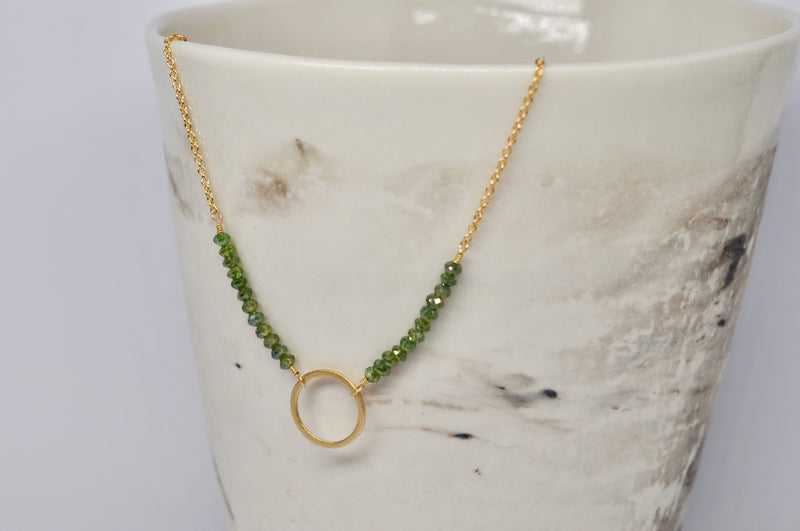 18k Yellow Gold Circle Necklace with Green Diamond Beads