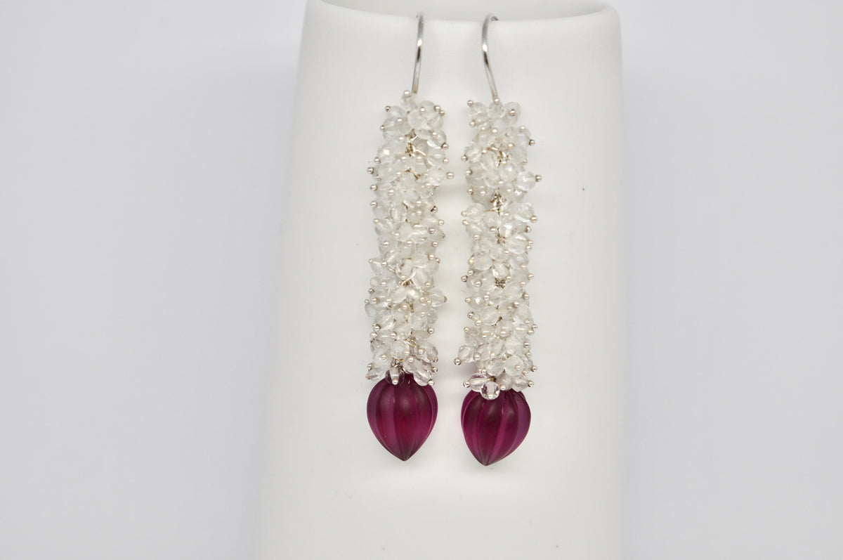 Rock Crystal & Fuchsia Glass Drop Earrings — Sterling Silver