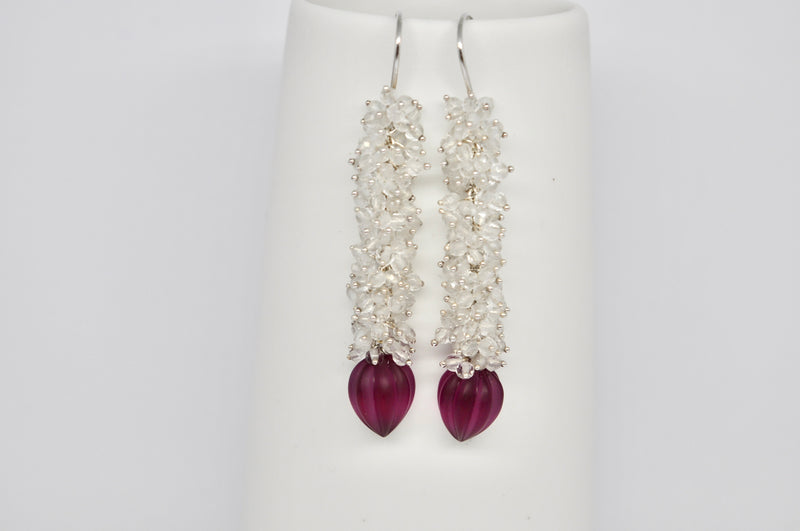 Rock Crystal & Fuchsia Glass Drop Earrings — Sterling Silver